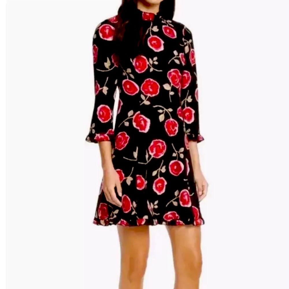 Kate Spade Size 2 Womens Trim Ruffle Shift Dress Black Red Mock Neck